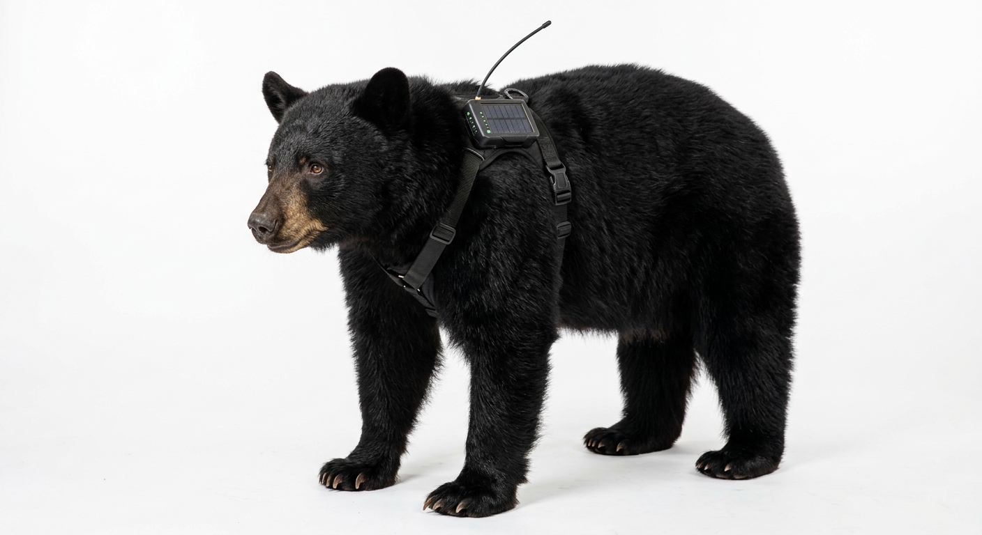A black bear with a harness node