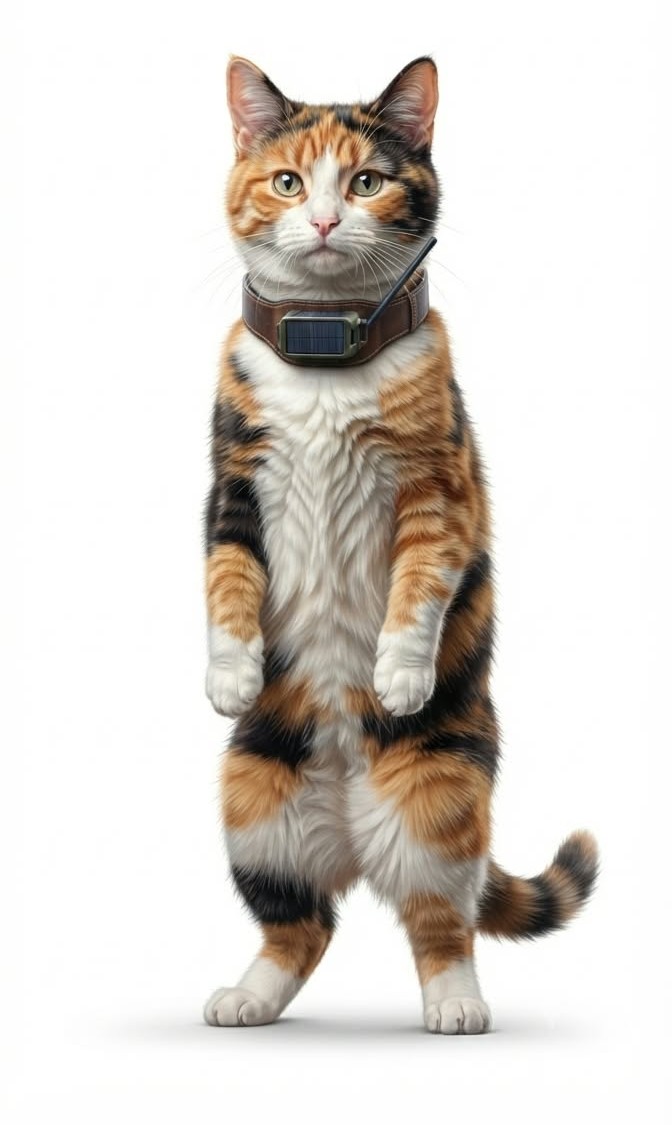 A calico community cat standing upright wearing a collar with a solar tracker node