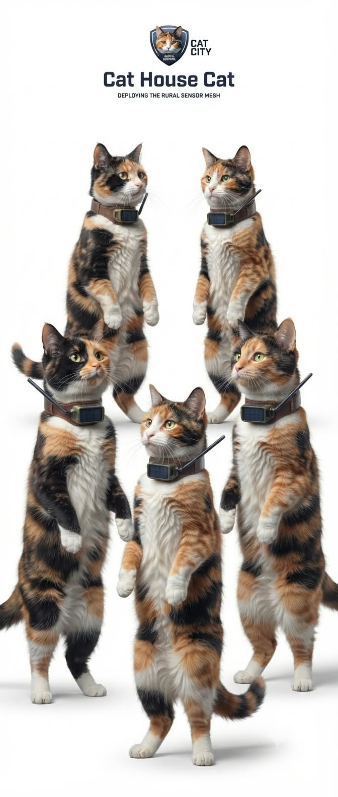 Five calico cats standing, each wearing a collar node