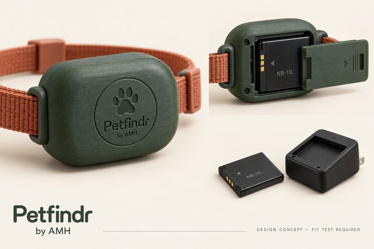 Petfindr collar tag by AMH — a green LoRa beacon on a rust-orange collar, battery door open, with the charging cradle