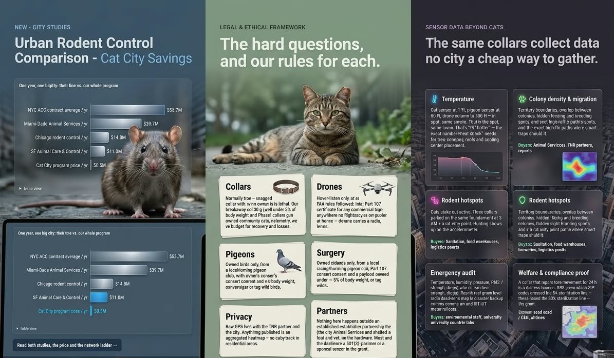 Three screens: the city-spend comparison chart, the hard-questions rules card, and the sensor-data products