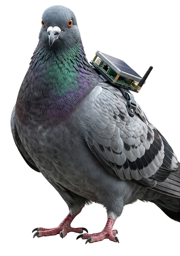 A pigeon wearing the PidgeyFLok tag — the same radio family as the trailhead tag